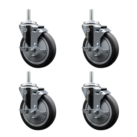 Service Caster 5 Inch Thermoplastic Rubber Wheel Swivel 58 Inch Threaded Stem Caster Set with Brake SCC SCC-TS20S514-TPRB-TLB-58212-4
